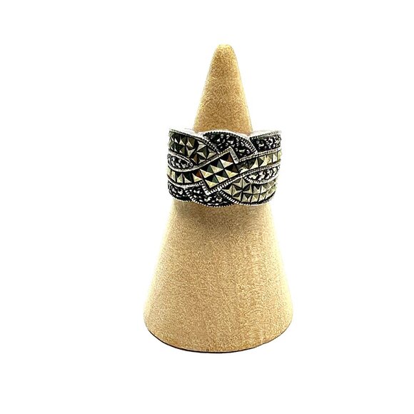 1980s Judith Jack Sterling Silver Marcasite Wide Crossover Band Ring - Picture 8 of 13